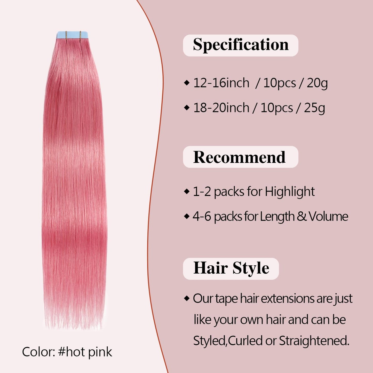 Sunya Tape in Hair Extensions Human Hair Hot Pink Tape in Hair Extensions Straight 16 Inch 10PCS/Pack 20g