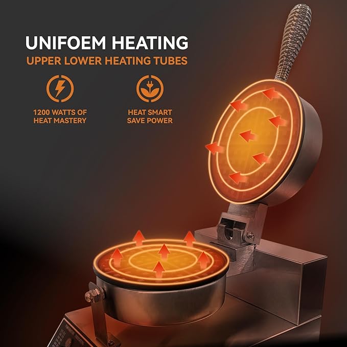 Commercial Waffle Maker, 1200W Stainless Steel Round Waffle Irons with Adjustable Temperature and Time Control, Non-Stick Design, Perfect for Home Kitchen, Restaurant, Bakeries
