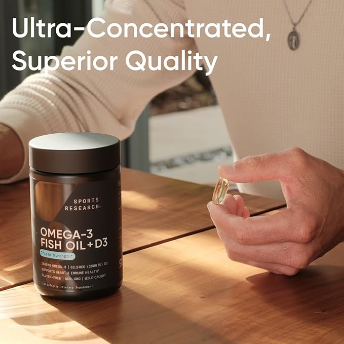 Sports Research® Alaskan Omega-3 Fish Oil 1040mg + Vitamin D3 2500iu - Supports Brain & Heart Health - MSC Certified Sustainable · Wild-Caught · Non-GMO · Triglyceride Form - 120 Count Softgels