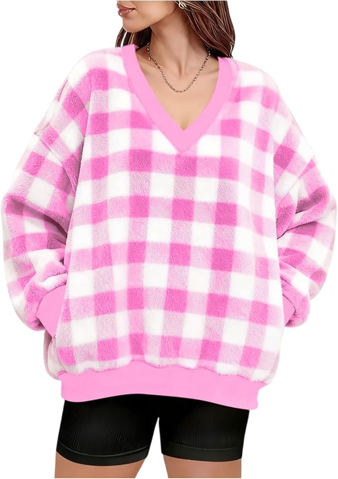 V Neck Sweatshirts For Women Oversized Flannel Long Sleeve Sweatshirt Fleece Tops Plaid Fuzzy Hoodies Fall Soft Blouse