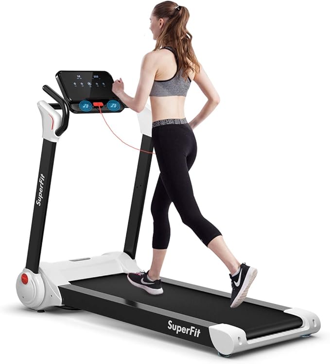 Goplus 3HP Treadmill with Desk Workstation, Superfit Foldable Treadmills for Home Office, Adjustable Height, Bluetooth Spe...