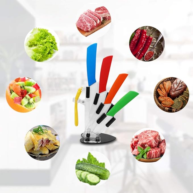 Color Ceramic Kitchen Knife Set,5-Piece Professional Knife Set with Acrylic Block Stand,6"Chef Knife,4"Fruit Knife,Knife+Vegetable Fruit Peeler,Ultra Sharp Edge,Rust Proof And Stain Resistant…