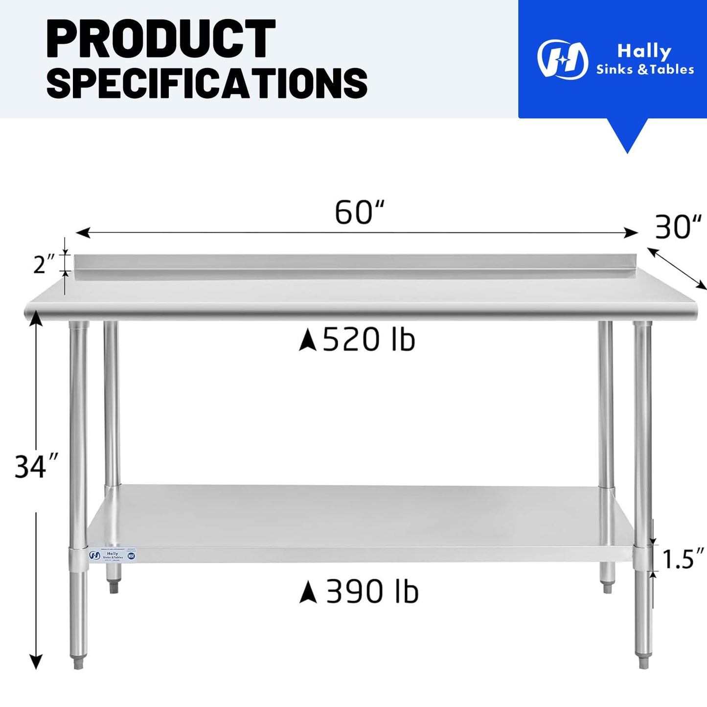 Hally Stainless Steel Table for Prep & Work 30 x 60 Inches, NSF Commercial Heavy Duty Table with Undershelf and Backsplash for Restaurant, Home and Hotel