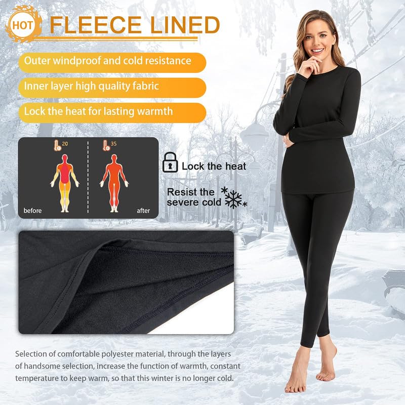 SIMIYA Thermal Underwear Set for Women Long Johns with Fleece Lined Long Sleeves Base Layer Set Top Bottom