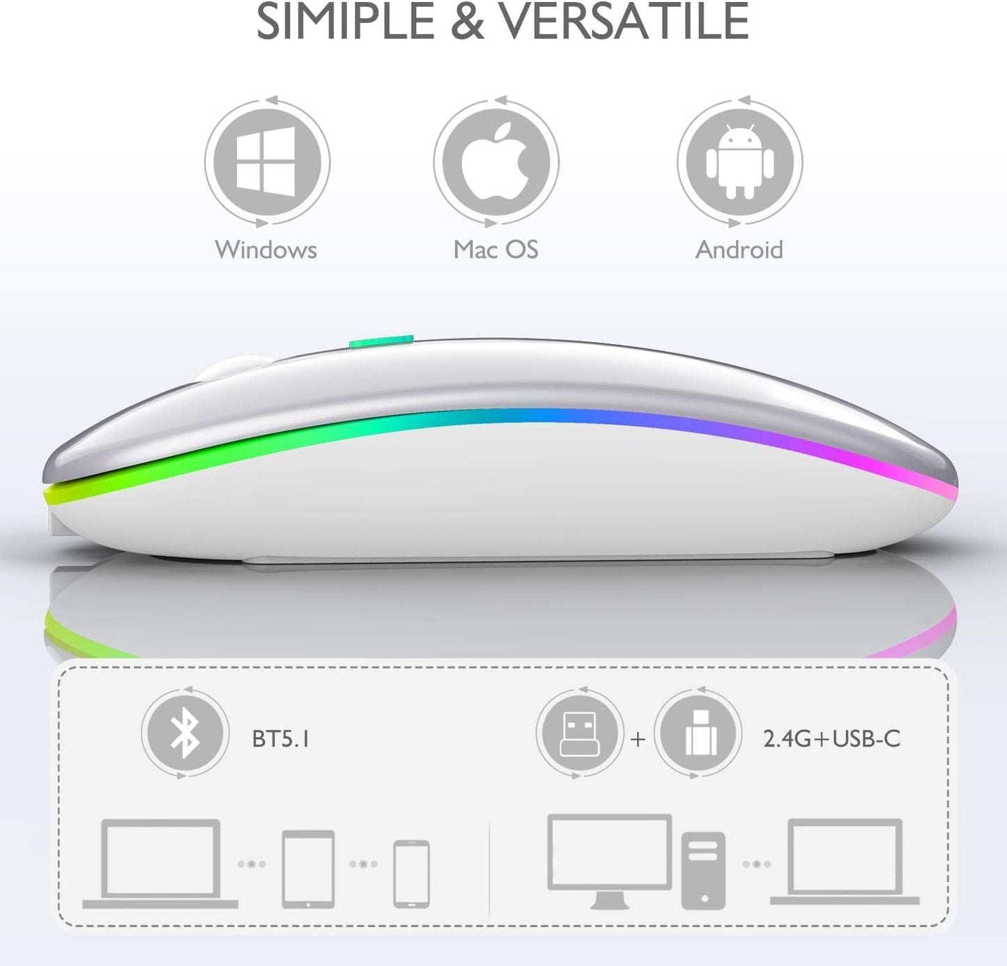 Qullqian Wireless Bluetooth Mouse for MacBook Air/Mac/Pro/Laptop/Computer/PC,Rechargeable Dual Mode Switch Mouse Bluetooth 5.2 & BT3.0 + 2.4GHz USB-A & 2.4GHz USB Type-C (Silver)