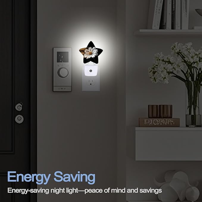 White Daisy Flower Dusk to Dawn Star Night Light,Abstract Floral Smart Sensor Nightlight for Bedroom Kitchen Hallway Stairs,Plug-in Energy Efficient Decor Desk Lamp Women Men Gifts
