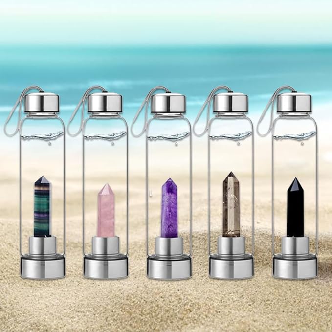 Crystal Glass Water Bottle,Water Bottle With Gemstone Center Crystal Elixir Bottle,Removable Gemstones Creative Water Cup Crystal Column Magic Wand Energy Cup for Gifts (L-Turquoise)