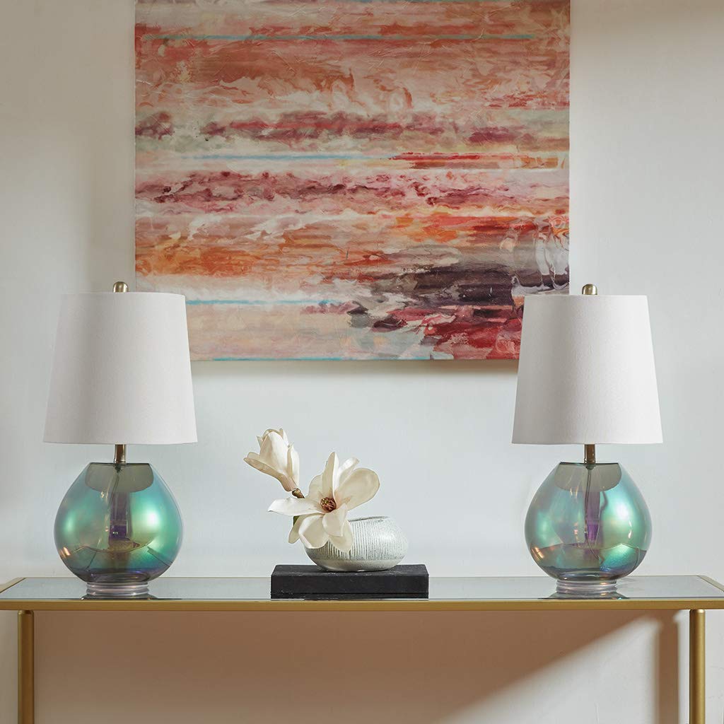 510 DESIGN Ranier Glass Table Lamp, 10inDia x 19.5inH, Iridescent Fabric Shade, Rotary Switch, Model 5DS153-0023