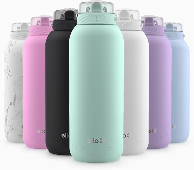 Ello Cooper 40oz Stainless Steel Water Bottle with Straw and Carry Handle, Double Walled and Vacuum Insulated Metal, Leak Proof Locking Lid with Soft Silicone Spout, Reusable, BPA Free, Yucca