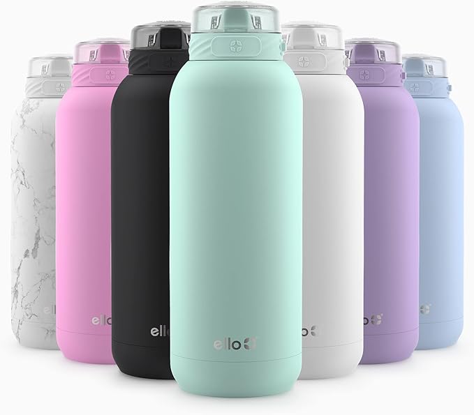 Ello Cooper 32oz Stainless Steel Water Bottle with Straw and Carry Handle, Double Walled and Vacuum Insulated Metal, Leak Proof Locking Lid with Soft Silicone Spout, Reusable, BPA Free, Yucca