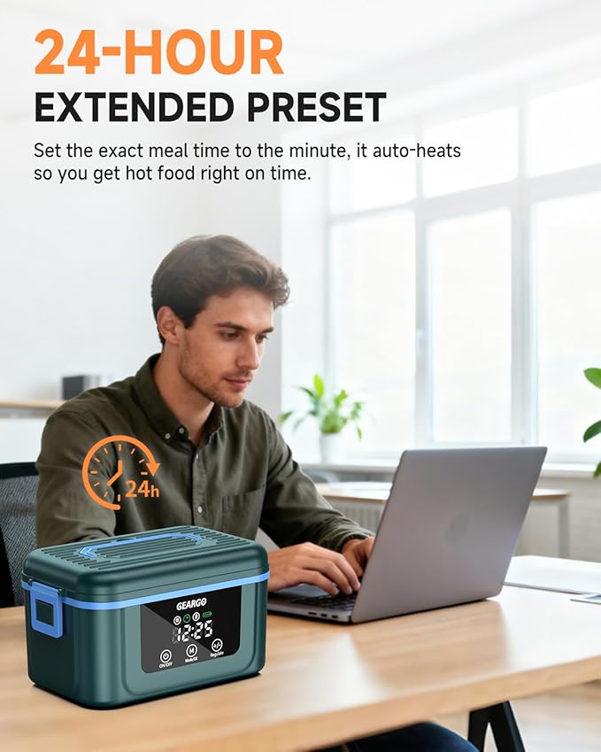 GEARGO 𝟐𝟎𝟐𝟔 𝐔𝐩𝐠𝐫𝐚𝐝𝐞𝐝 Cordless Electric Lunch Box, 6.3 Cups & 20000mAh Rechargeable Heated Lunch Box with Ice Crystal Box, 24 Hours Scheduled Self Heating Lunchbox For Men Women