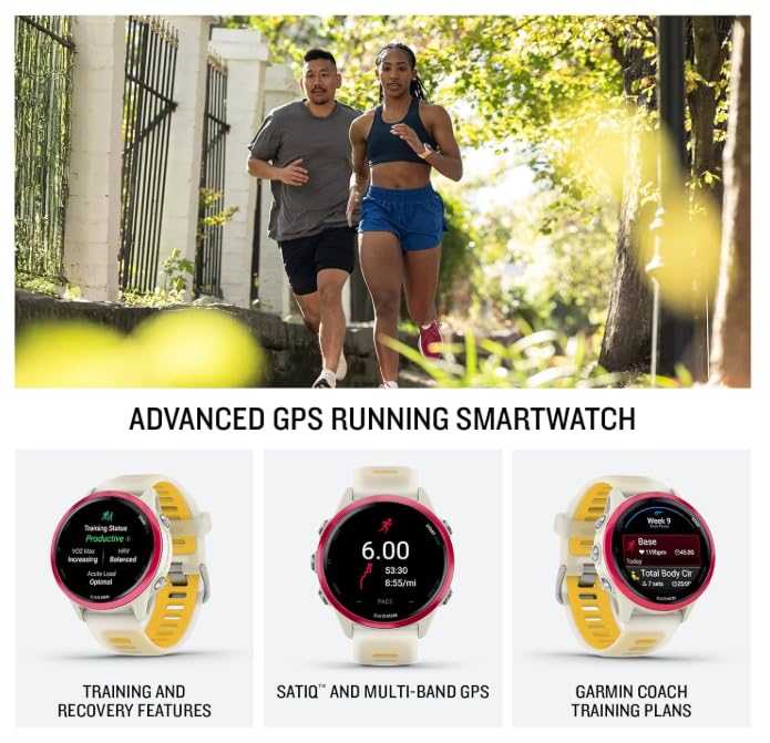 Garmin Forerunner 570 42mm Advanced GPS Running & Triathlon Smartwatch, AMOLED Display, Training & Recovery Features, Raspberry Aluminum w/Translucent Bone/Mango Band w/ Wearable4U PowerBank Bundle