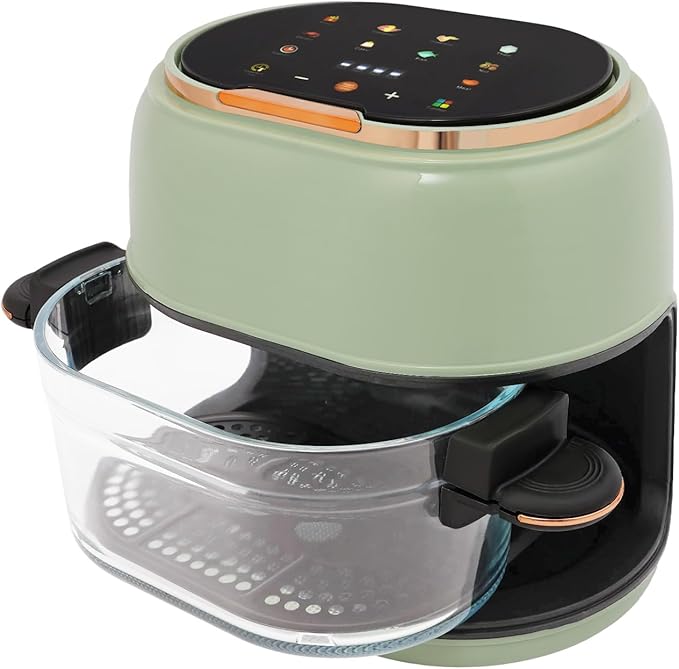 4.2QT/4L Air Fryer, Long Tray Design, Visible Glass Air Fryer, Temperature Control, 1-120min Timer, Touch Screen,1350W, Cook Shrimp, Steak, Fries, Wings, Chicken, Cake & More (Green)