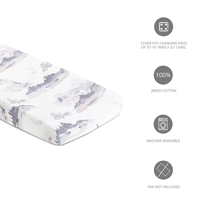 Oilo Changing Pad Cover, Breathable 100% Turkish Cotton Fitted Jersey, 300 Thread Count, Machine Washable, Fits Standard Changing Pads (32" x 16"), Girl, Boy, & Neutral Nursery Design, Misty Mountain