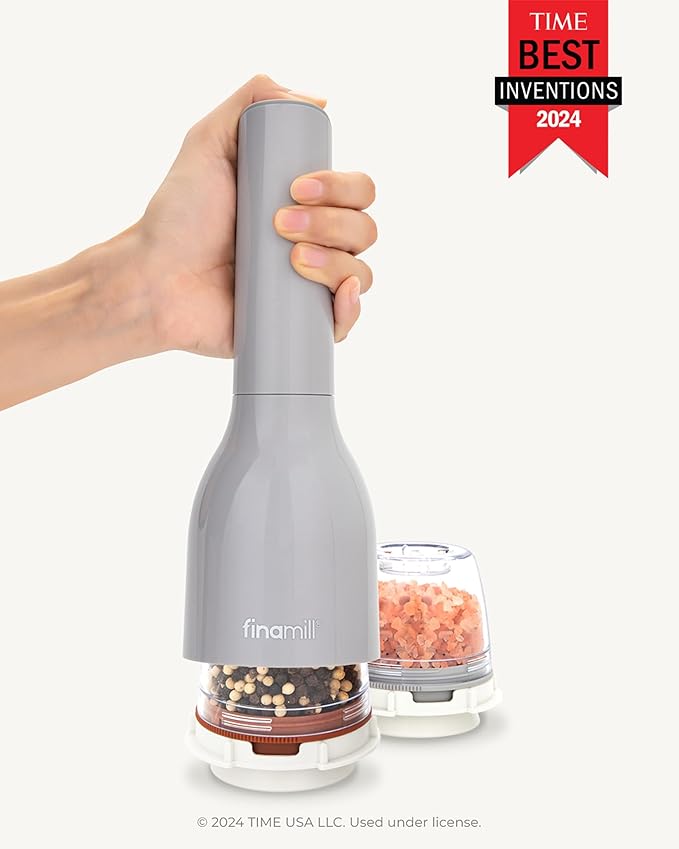 FinaMill Classic Battery Spice Mill – Battery Operated Salt and Pepper Grinder Set, Includes 2 Interchangeable Spice Pods, Adjustable Coarseness, Ceramic Grinder, LED Light, Kitchen Gifts for Women