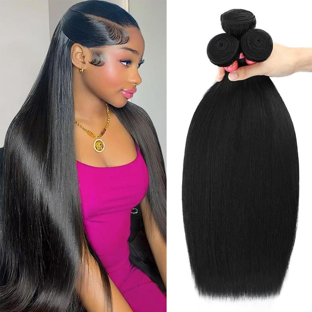 28 30 32 Inch 3 Bundles Human Hair Straight 12A 100% Unprocessed Brazilian Virgin Human Hair Bundlles Straight Natural Black, Tr