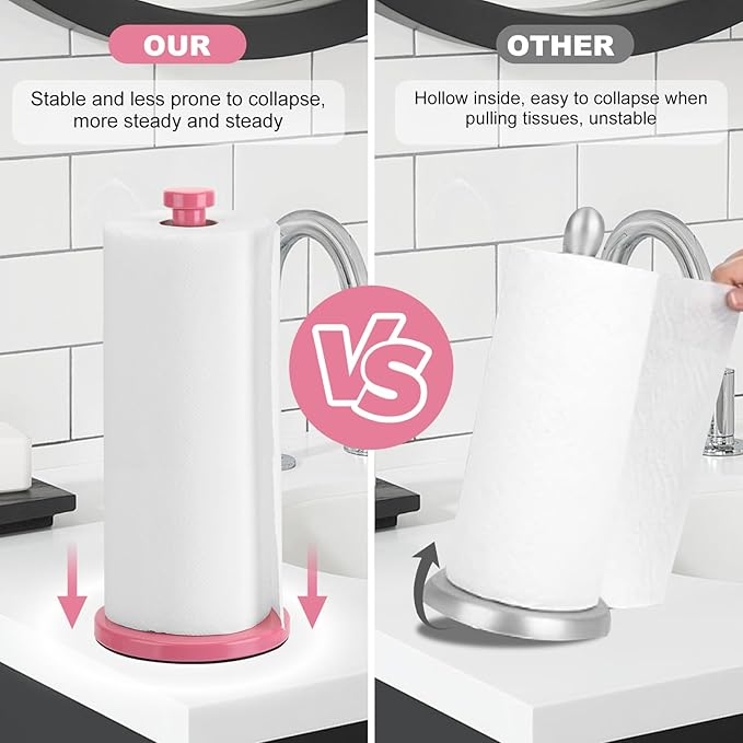 Stainless Steel Paper Towel Holder, Pink, Countertop for Kitchen & Bathroom, Standing with Weighted Base for Standard or Rolls, Brushed Brass