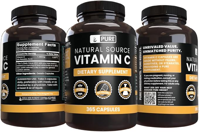 PURE ORIGINAL INGREDIENTS Vitamin C (365 Capsules) No Stearates or Rice Fillers, Gluten-Free, Vitamin C with No Additives