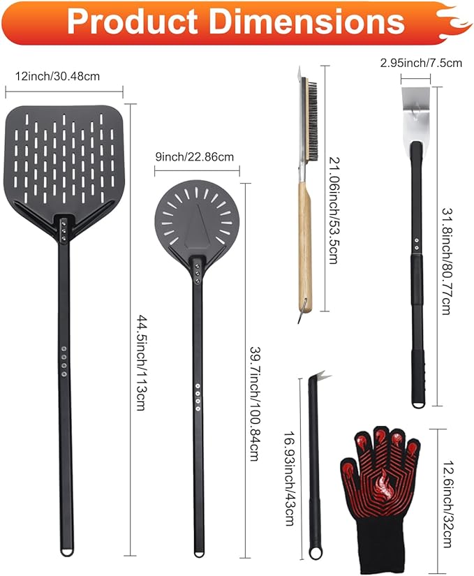6PCS Pizza Turning Peel, 9 &12 Inch Perforated Pizza Peel, Pizza Brush, Ash Rake, Bubble Spinner Turning Fork, Heat-Resistant Oven Mitts, Pizza Oven Utensil Kit with 40 Inch Aluminum Handle