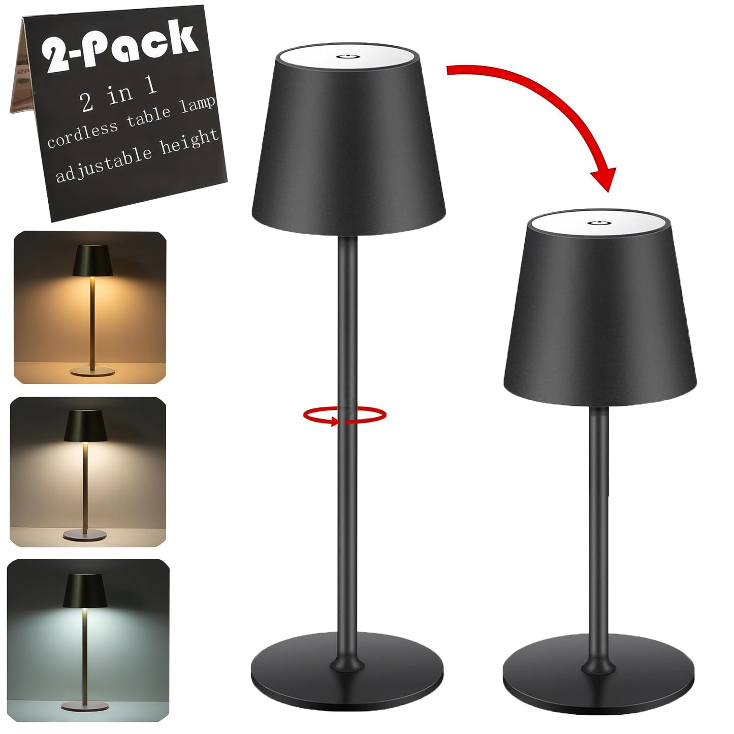 2 Packs Cordless Table Lamp, Portable LED Wireless Desk Lamp with 3 Modes Light Dimming, Adjustable Height Table Lamp, Rechargea