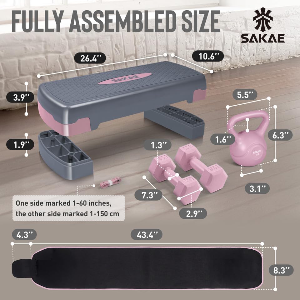 Adjustable Height Aerobic Stepper Set, Multiple Bundle Options with Dumbbells, Kettlebell, Waist Trimmer, Ankle Weights or...