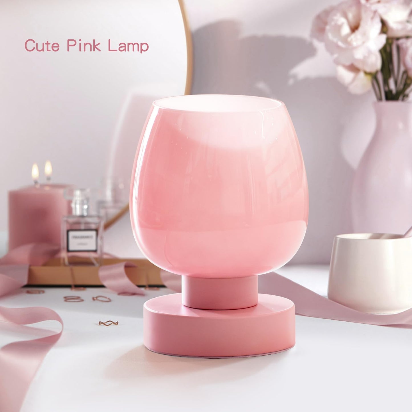 ONEWISH Touch Bedside Table Lamps Set of 2, Dimmable, Glass, Non-USB, Modern Design, Pink, Model 13TAB018USC