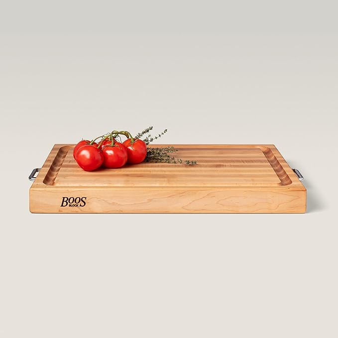 John Boos Handle Boards Series Rectangular Wooden Maple Cutting Board 24”x18” – 2.25” Thick, 30-lb Reversible Butcher Block with Juice Groove, Edge-Grain & Metal Handles