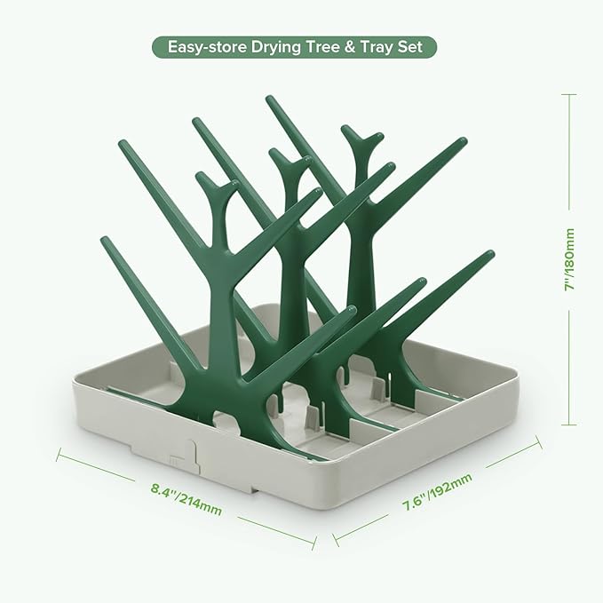 haakaa Baby Bottle Drying Rack, Space Saving Bottle Drying Tree for Bottles/Pump Parts/Pacifiers and Other Baby Essentials, Easy-Store Dryer Rack Great for Home & Travel, BPA Free (Forest Green)