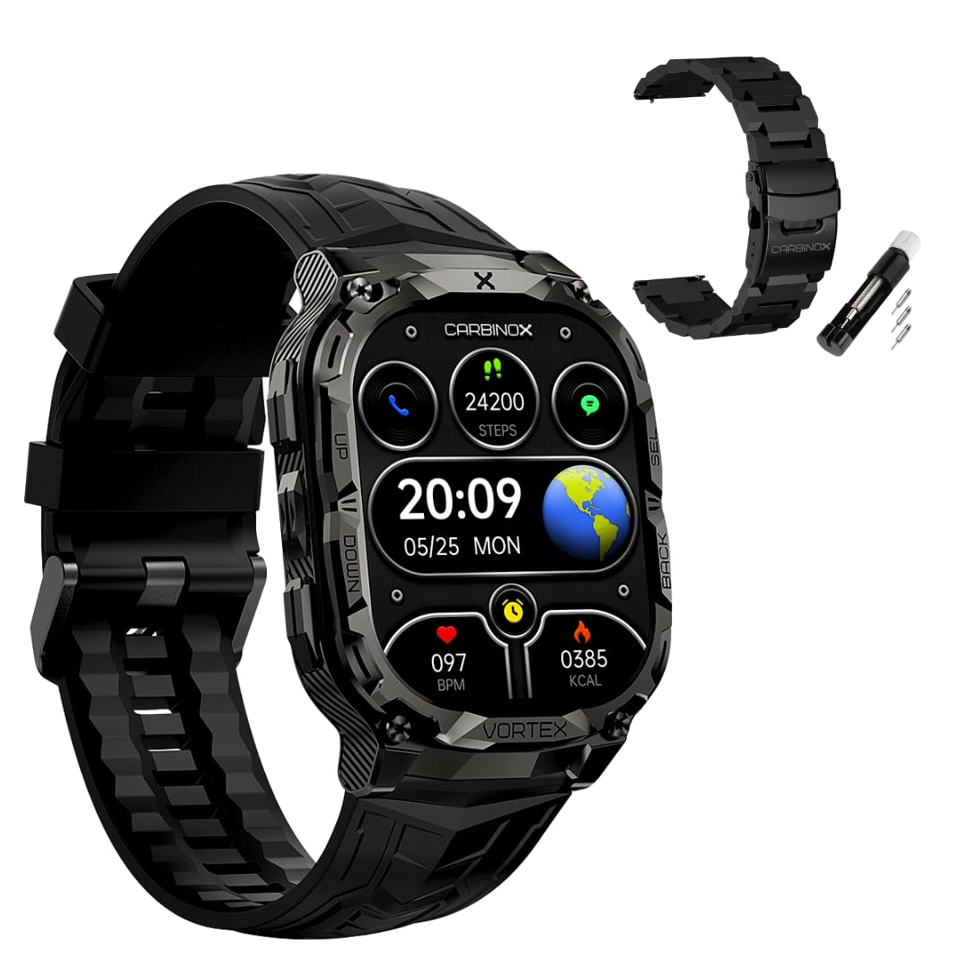 CARBINOX Vortex Smart Watch with Metal Band 22 mm, Rugged Fitness Tracker IP69K Waterproof Compatible with Android and iOS Phone, 14 Days of Battery Military Durable