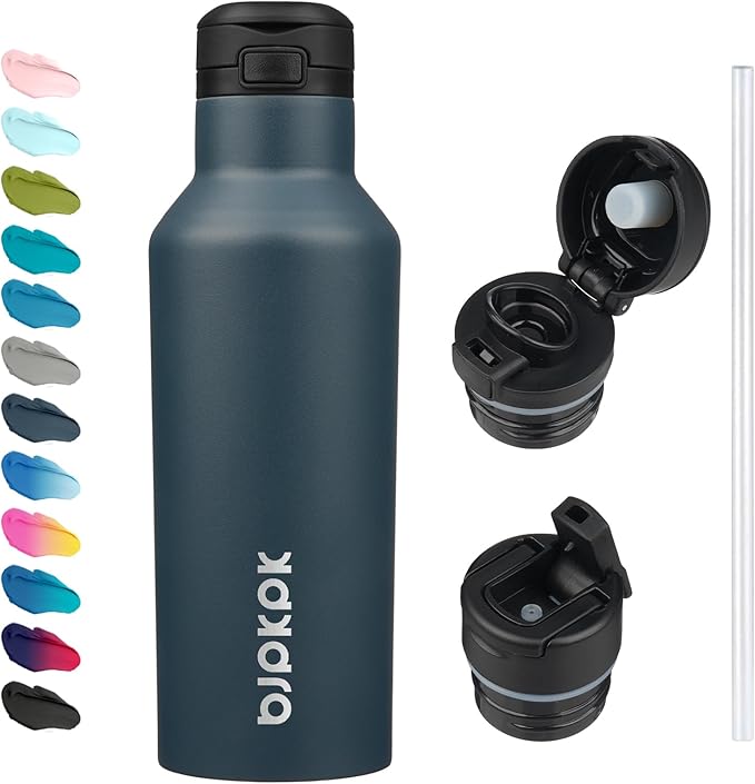 BJPKPK Insulated Water Bottle With Straw 17oz Stainless Steel Water Bottles With 2 Lids And Carry Handle Reusable Travel Metal Thermal Flask,Navy Blue