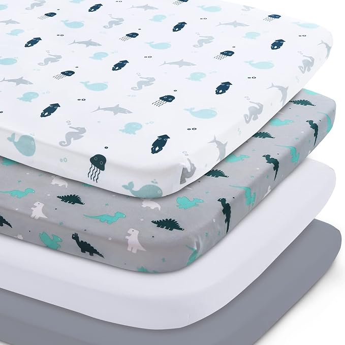 Mini Crib Sheets Set - 4 Pack, Portable Crib Sheets (38" X 24") | Multiuse for Pack n Play, Playard, Playpen, Crib, Grey