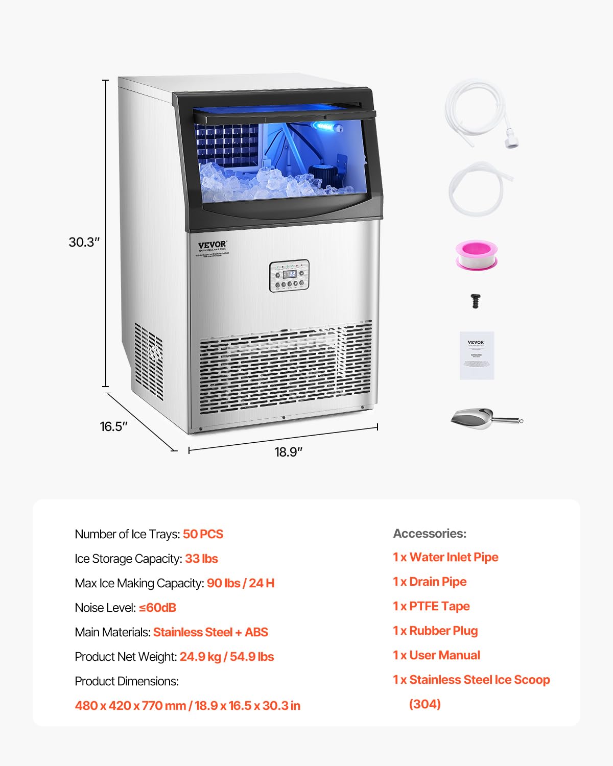 VEVOR Commercial Ice Maker Machine, 90lbs/24H Ice Maker Machine with 33lbs Storage Capacity, 50 Ice Cubes in 15 Minutes, LED Digital Display Freestanding Self-Cleaning for Bar Office Restaurant