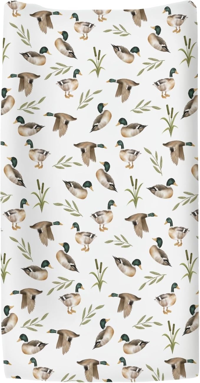 Mallard Duck Hunting Changing Pad Covers for Baby Girl Boy Wild Ducks Leaves Fitted Change Table Cover Mats Hunting Animals Soft Diaper Changing Table Sheets 32''×16''