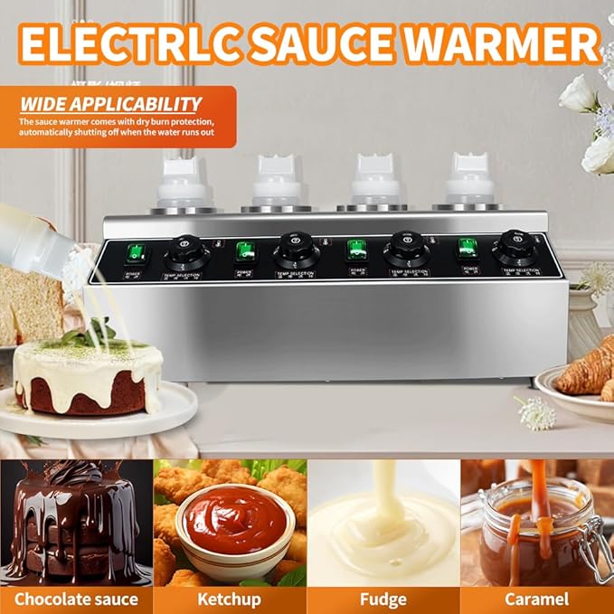 Commercial Electric Cheese Sauce Warmer Dispenser,0.68x4 Qt Hot Chocolate Nacho Cheese 86-185℉ Heater Hot Fudge with Bottles Adjustable