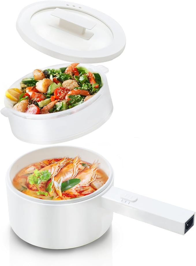Hot Pot Electric with Steamer, 1.5L Ceramic Glaze Non-stick Portable Pot, Dual Power Multi-functional Electric Cooker, Suitable for Steak, Pasta, Hot Pot, Ramen, Dorm Room Essential