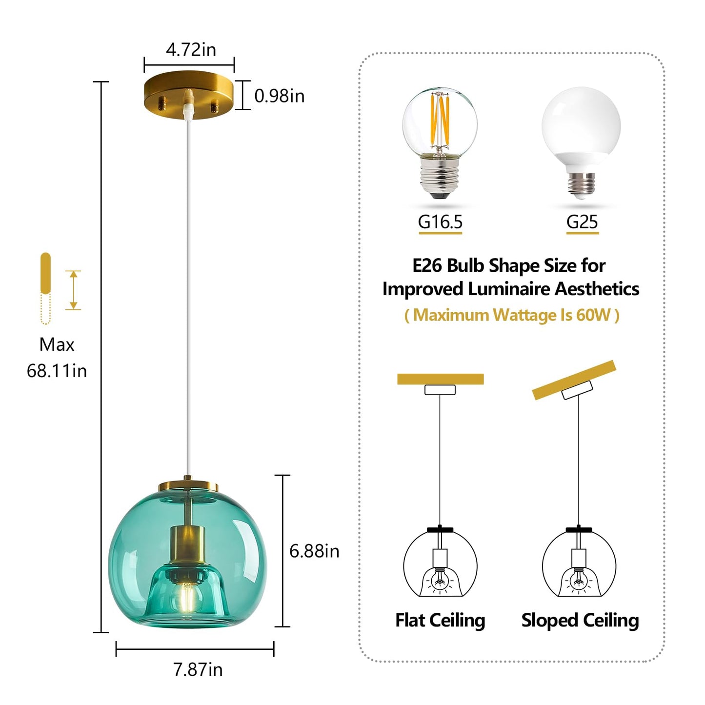 Lbsqj Light Blue Glass Pendant Lights Kitchen Island Gold Hanging Light Fixture Glass Globe Pendant Light Modern Pendant Lighting For Kitchen Island Bedroom Dining Room (7.87  1 Pack)