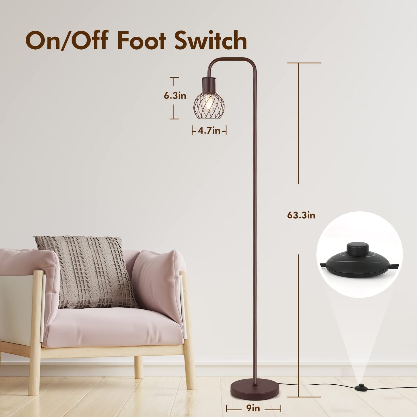 AUQUEE Industrial Standing Lamp with 6W LED Bulb, Foot Switch, Metal, Brown, Model AQ1214US