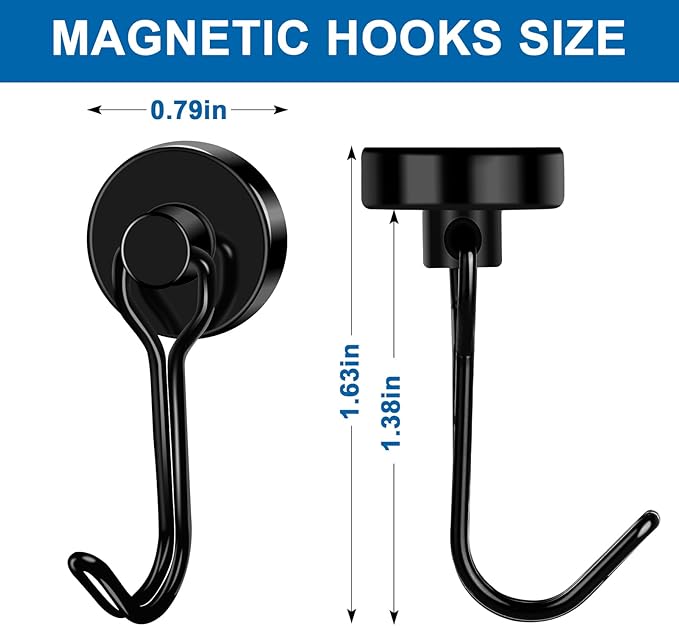 LOVIMAG Hooks, 50lbs+ Magnetic Magnet Hook 2025 Cruise Cabin Ship Essentials Heavy Duty Strong Refrigerator Fridge Hanging for Classroom Beach Vacation Kitchen Grills Home Mug Hanger (6 Pack), Black