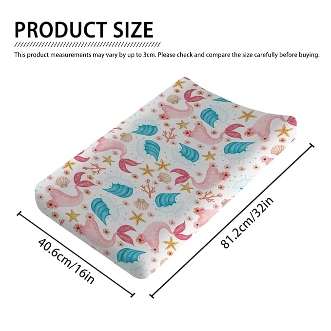 Colorful Nautical Changing Pad Cover Mermaids Starfish Conch Coral Waves Baby Change Table Pad Cover for Boy Girl Sea Ocean Marine Animal Soft Stretchy Fitted Diaper Changing Mat Sheets 32''x16''