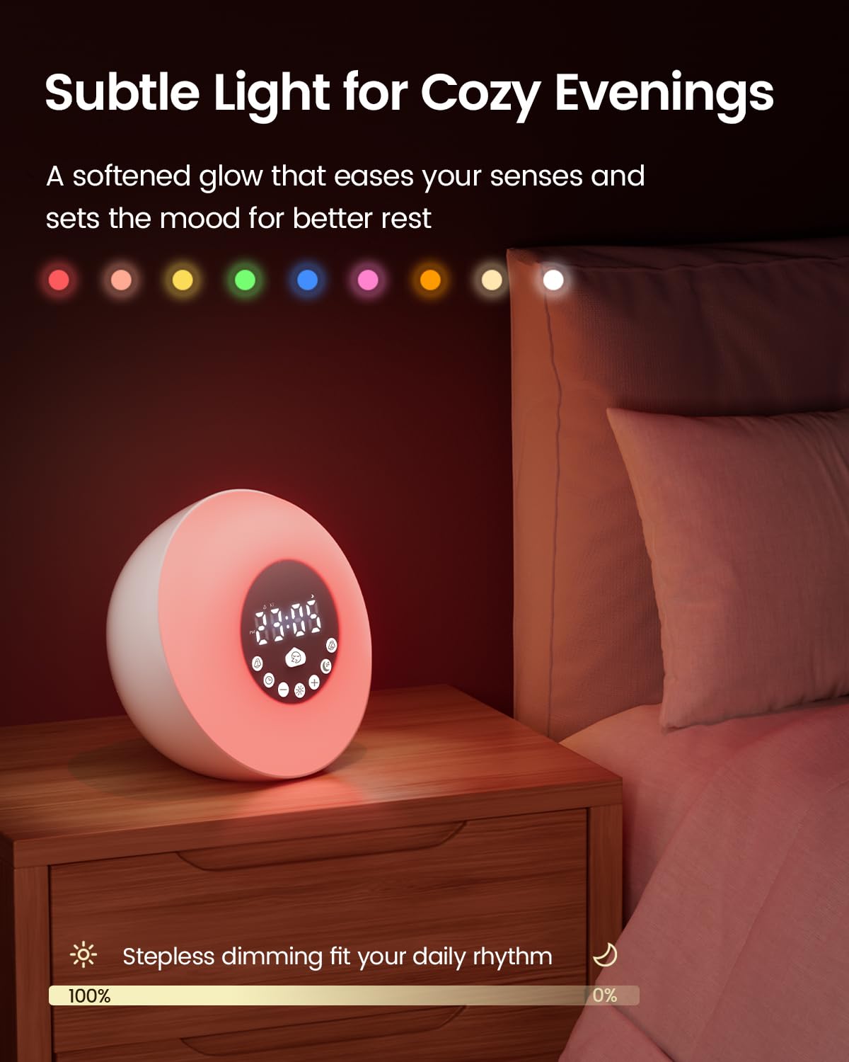 Glocusent 2×5W Stereo Sunrise Alarm Clock, Sleep Aid with Timer, 14 White Noise Tracks, 8 Color Night Light, 10-Level Dimming, Bluetooth Speaker/FM/TF, Dual Alarms with Snooze, Gift for Adults & Kids