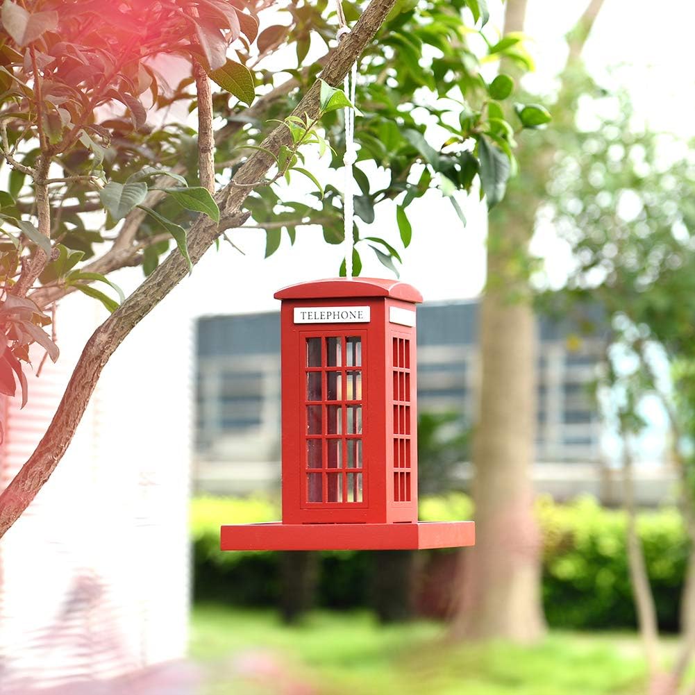 Decorative Wooden Birdhouse for Outdoor Hanging – Handcrafted Miniature Cottage Style with Blue Roof, Front Porch, and Balcony – Garden or Backyard Décor for Wild Birds (British Phonebooth)