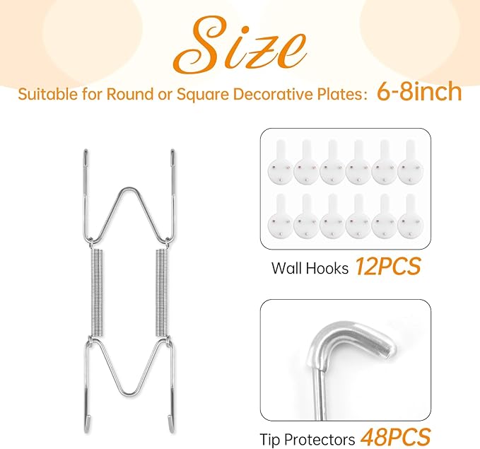 Bilillo 12 Pack Plate Hangers for The Wall, Suitable for 6-8 inch Art Plate, Stainless Steel Invisible Heavy Duty Wire Plate Holder with Wall Hooks, Plate Hangers for Displaying Plates, Silver