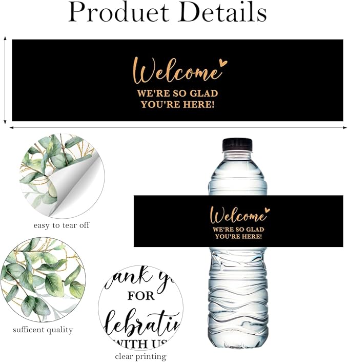 100PCS Wedding Water Bottle Labels Waterproof Greenery Floral Wraps Sticker for Water Bottle Baby Shower Bottle Label for Bridal Shower Party Welcome（Black）