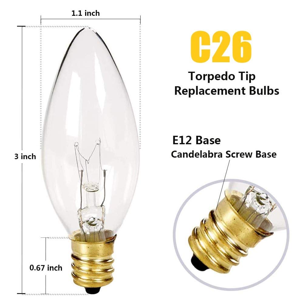 Sunsgne 25 Pack Clear Torpedo Tip Replacement Bulbs - E12 Candelabra Base, 120V 7 Watts, Ideal For Electric Candle Lamps & Chandeliers