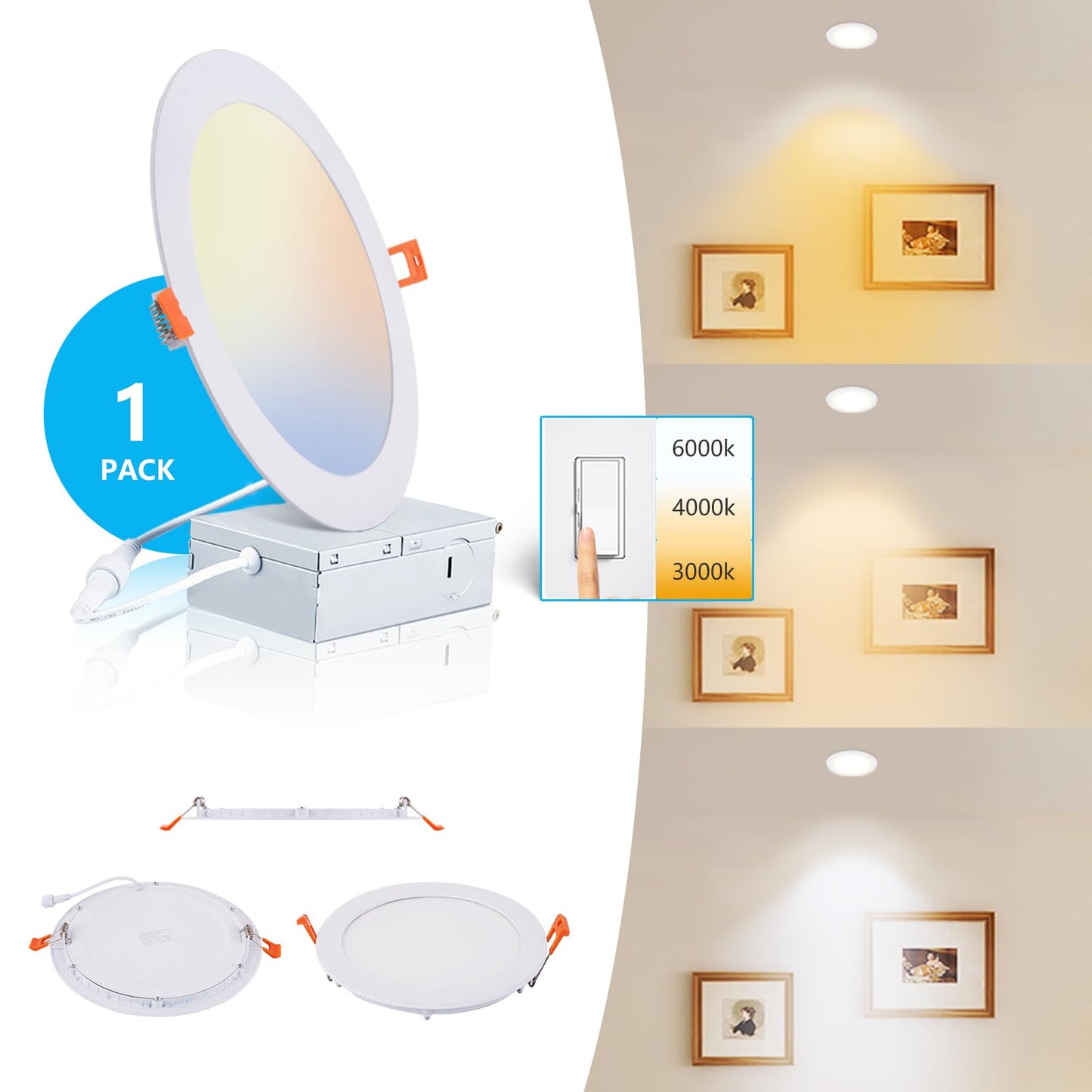 JARLSTAR 8 Inch LED Recessed Light, 18W Dimmable, 3CCT Selectable, Aluminum, Model JSD18W?A, Ultra Thin,