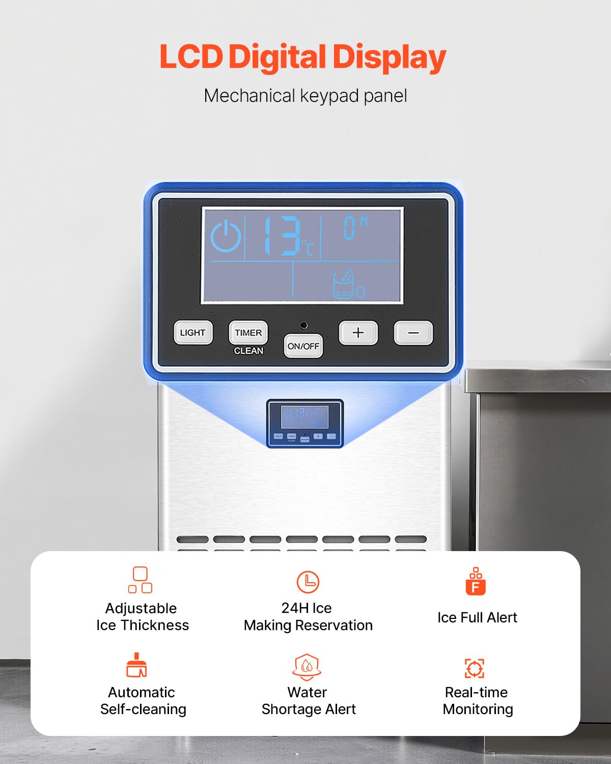 VEVOR Commercial Ice Maker Machine with 2 Water Inlets, 100lbs/24H Ice Maker with 33lbs Storage Bin, 45 Ice Cubes in 15 Mins, LED Digital Display Freestanding & Self-Cleaning for Bar Office Restaurant