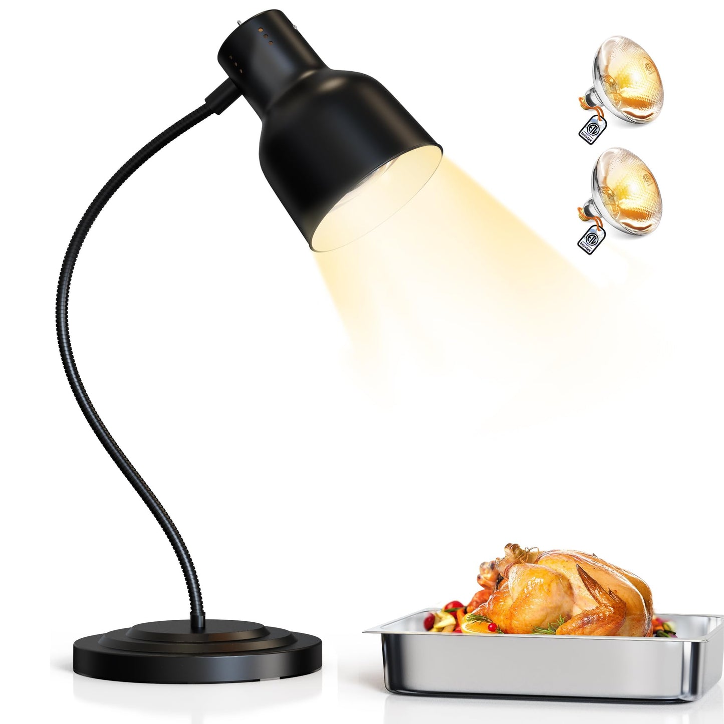 PYY Food Heat Lamp - 250W Steady Heating Commercial Food Warmer Lamp, 2 Bulbs Included, Heavy Base for Stability & Stainless Steel Build, 8.5 lbs Ideal for Catering, Restaurant, Buffet, (1-Head Black)