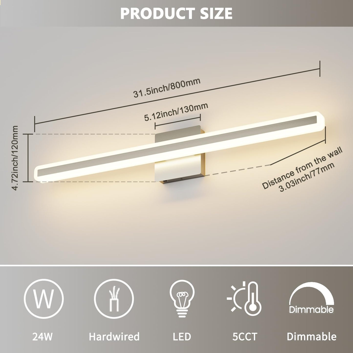 Jusheng Brushed Nickel Vanity Lights For Bathroom  5Cct Dimmable Vanity Light Bar  Modern Led Bathroom Lighting Fixtures Above Mirror 32 Inch 24W
