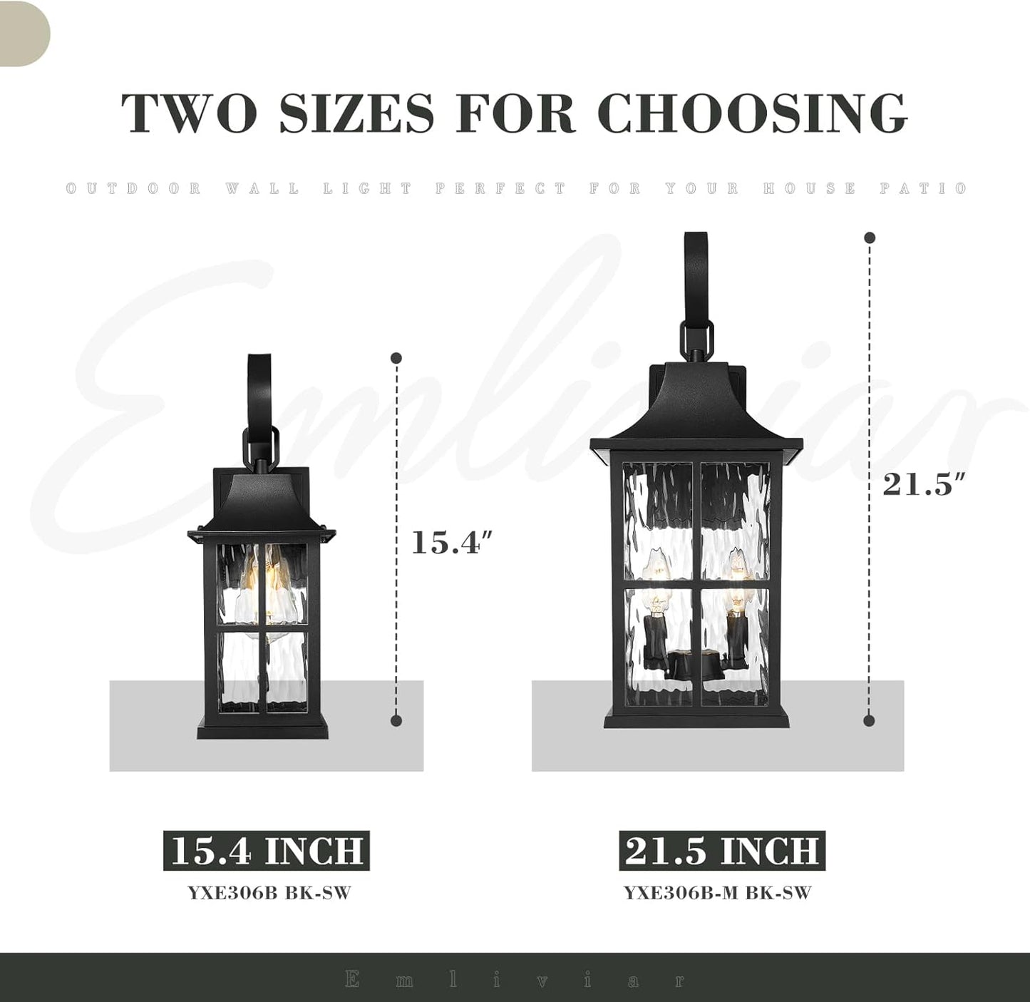 Emliviar 2 Pack 15.4 Inch Porch Lights Outdoor, Water Ripple Glass Shade Wall Sconce Lantern in Black Finish, E26 Socket Wall Lanterns for House, YXE306B-2PK BK-SW
