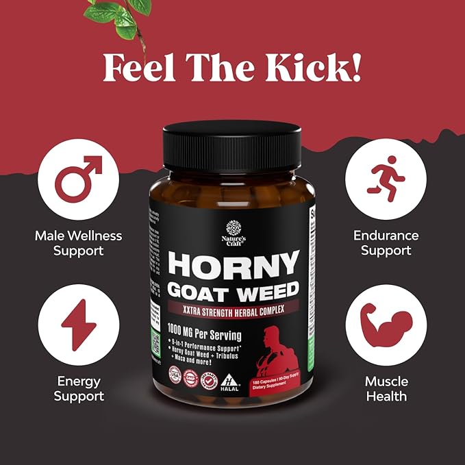 Horny Goat Weed for Men - Extra Strength Male Supplement with Black Maca Root, Tongkat Ali, Saw Palmetto & Panax Ginseng Extract for Stamina & Energy - 180 Capsules